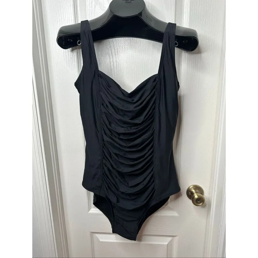 Calvin Klein Black Ruched One Piece Swimsuit Size 16 Tummy Control